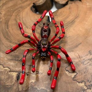 Spider Tarantula Brooch Red Black Enamel Faux Ruby Rhinestones Goldtone C Clasp
